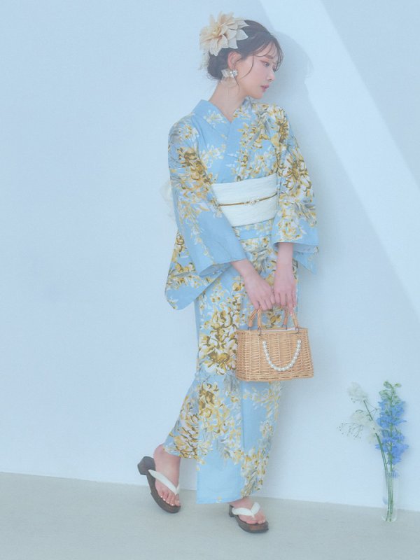 画像6: 【即日発送】ライトブルー×キバナフジ浴衣  【浴衣３点セット 浴衣/帯/下駄】[YMT] (6)