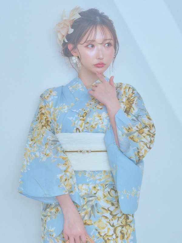 画像8: 【即日発送】ライトブルー×キバナフジ浴衣  【浴衣３点セット 浴衣/帯/下駄】[YMT] (8)