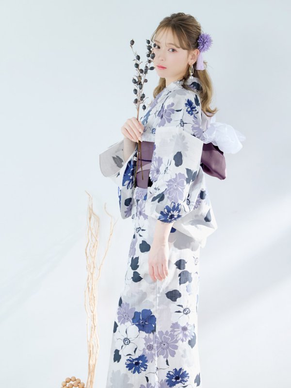 画像10: 【即日発送】パープルフラワー浴衣  【浴衣３点セット 浴衣/帯/下駄】[YMT] (10)