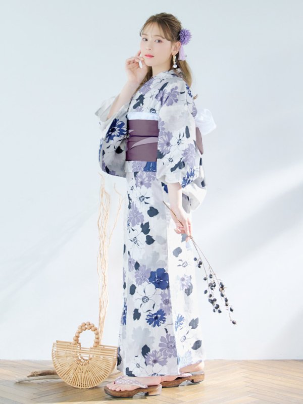 画像14: 【即日発送】パープルフラワー浴衣  【浴衣３点セット 浴衣/帯/下駄】[YMT] (14)