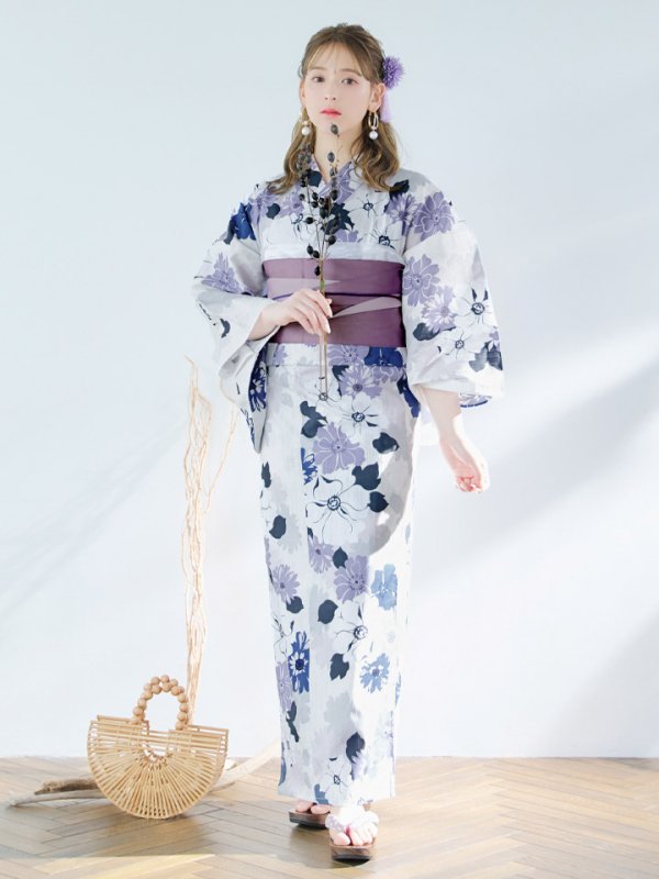 画像4: 【即日発送】パープルフラワー浴衣  【浴衣３点セット 浴衣/帯/下駄】[YMT] (4)