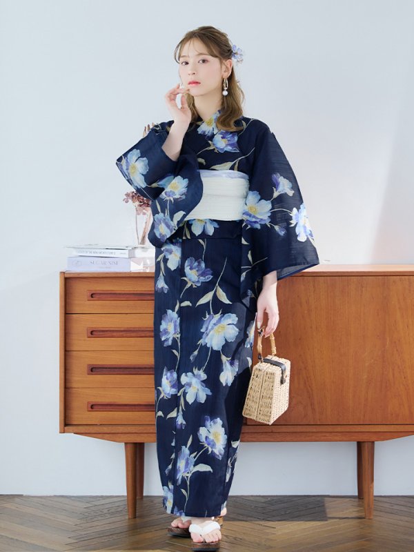画像14: 【即日発送】ネイビー＆ブルー牡丹浴衣  【浴衣３点セット 浴衣/帯/下駄】[YMT] (14)