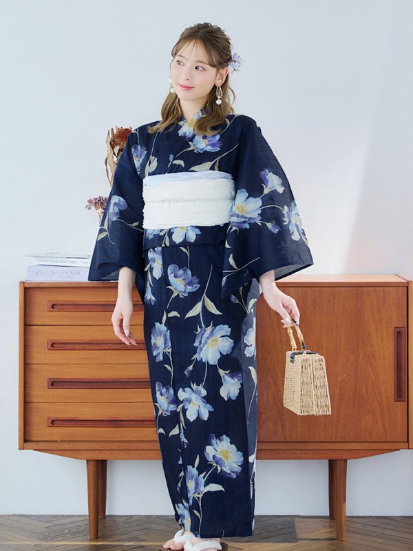 画像15: 【即日発送】ネイビー＆ブルー牡丹浴衣  【浴衣３点セット 浴衣/帯/下駄】[YMT] (15)