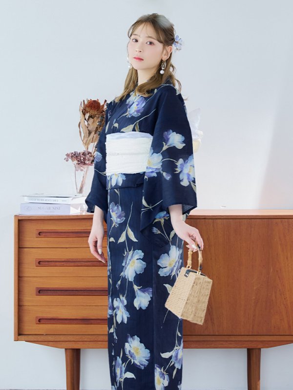 画像16: 【即日発送】ネイビー＆ブルー牡丹浴衣  【浴衣３点セット 浴衣/帯/下駄】[YMT] (16)