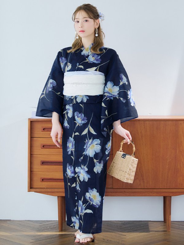 画像4: 【即日発送】ネイビー＆ブルー牡丹浴衣  【浴衣３点セット 浴衣/帯/下駄】[YMT] (4)