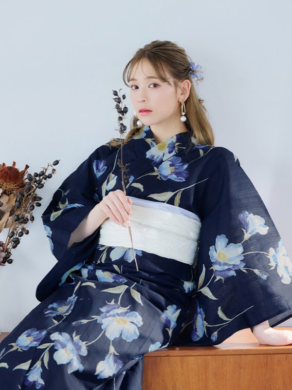 画像5: 【即日発送】ネイビー＆ブルー牡丹浴衣  【浴衣３点セット 浴衣/帯/下駄】[YMT] (5)