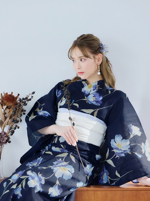 画像6: 【即日発送】ネイビー＆ブルー牡丹浴衣  【浴衣３点セット 浴衣/帯/下駄】[YMT] (6)