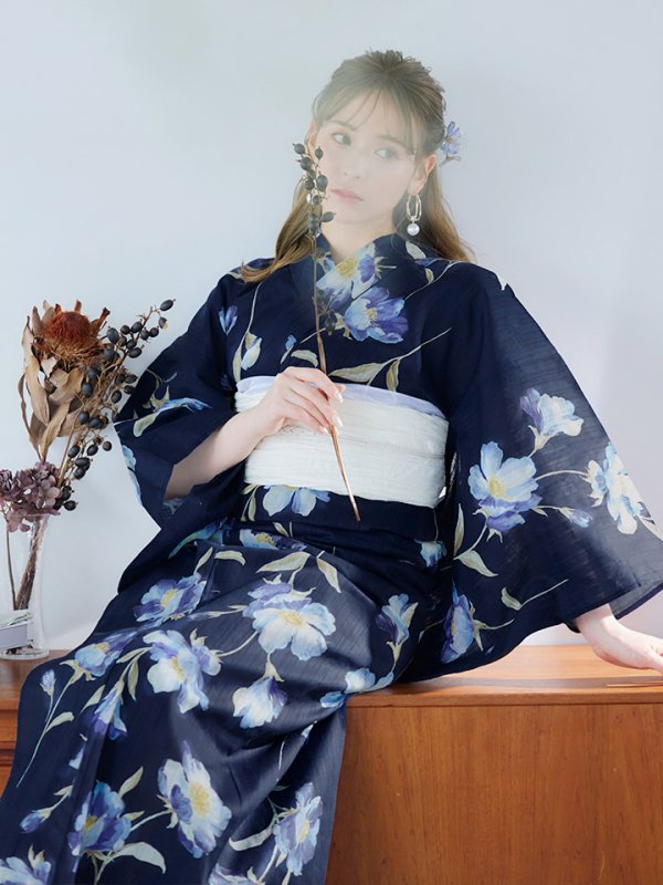 画像7: 【即日発送】ネイビー＆ブルー牡丹浴衣  【浴衣３点セット 浴衣/帯/下駄】[YMT] (7)