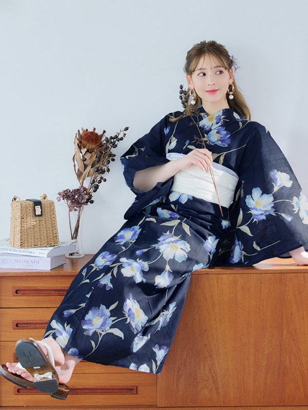 画像9: 【即日発送】ネイビー＆ブルー牡丹浴衣  【浴衣３点セット 浴衣/帯/下駄】[YMT] (9)