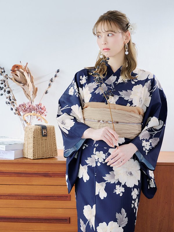 画像11: 【即日発送】ネイビー×ホワイトフラワー浴衣  【浴衣３点セット 浴衣/帯/下駄】[YMT] (11)