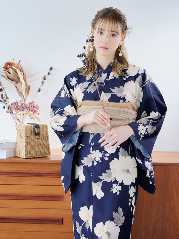 画像12: 【即日発送】ネイビー×ホワイトフラワー浴衣  【浴衣３点セット 浴衣/帯/下駄】[YMT] (12)