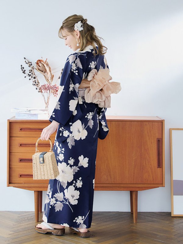 画像13: 【即日発送】ネイビー×ホワイトフラワー浴衣  【浴衣３点セット 浴衣/帯/下駄】[YMT] (13)