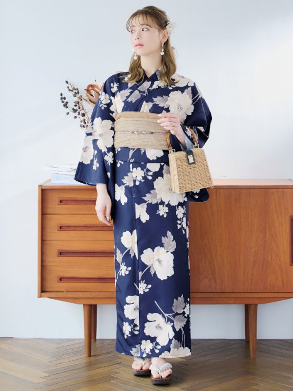 画像14: 【即日発送】ネイビー×ホワイトフラワー浴衣  【浴衣３点セット 浴衣/帯/下駄】[YMT] (14)