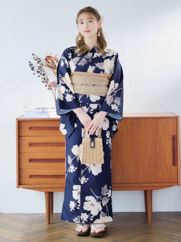 画像15: 【即日発送】ネイビー×ホワイトフラワー浴衣  【浴衣３点セット 浴衣/帯/下駄】[YMT] (15)