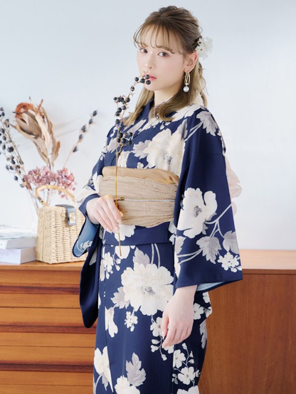 〈新品〉ネイビー花柄浴衣・帯・下駄セット　着付けセット付き 即日発送】ネイビー×ホワイトフラワー浴衣 【浴衣3点セット