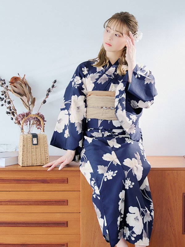 画像9: 【即日発送】ネイビー×ホワイトフラワー浴衣  【浴衣３点セット 浴衣/帯/下駄】[YMT] (9)