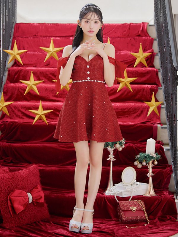 画像3: 【送料無料！】リボンオフショルツイードフレアミニドレス/キャバドレス【XS-Mサイズ/2カラー】[OF03] 【YN】dzwv (3)