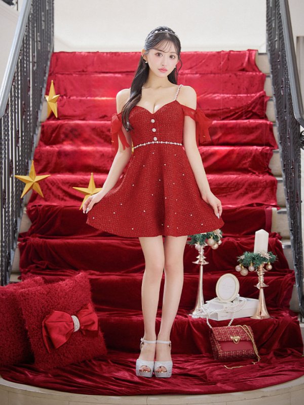 画像15: 【送料無料！】リボンオフショルツイードフレアミニドレス/キャバドレス【XS-Mサイズ/2カラー】[OF03] 【YN】dzwv (15)