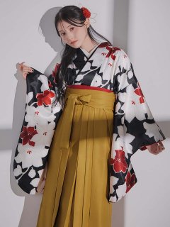 白×赤百合 ブラック二尺袖着物【卒業袴３点セット 二尺袖着物/帯/袴】