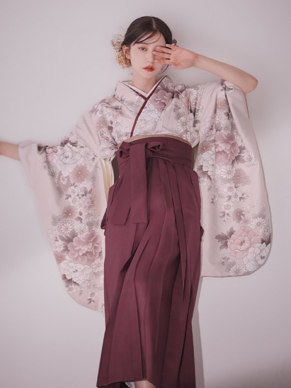 画像2: 【予約商品 / 1月中旬発送予定】ピンク牡丹 くすみピンク二尺袖着物【卒業袴３点セット 二尺袖着物/帯/袴】 (2)