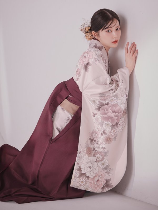 画像3: 【予約商品 / 1月中旬発送予定】ピンク牡丹 くすみピンク二尺袖着物【卒業袴３点セット 二尺袖着物/帯/袴】 (3)