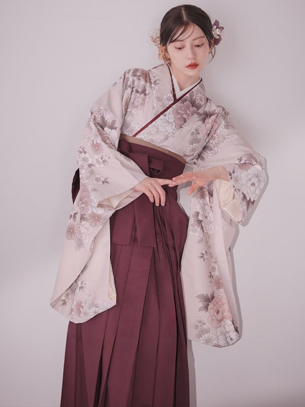 画像13: 【予約商品 / 1月中旬発送予定】ピンク牡丹 くすみピンク二尺袖着物【卒業袴３点セット 二尺袖着物/帯/袴】 (13)