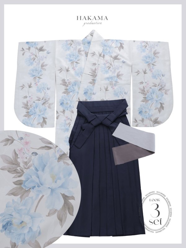 画像26: 【予約商品/1月中旬発送予定】ブルー芍薬 ホワイト二尺袖着物【卒業袴３点セット 二尺袖着物/帯/袴】 (26)