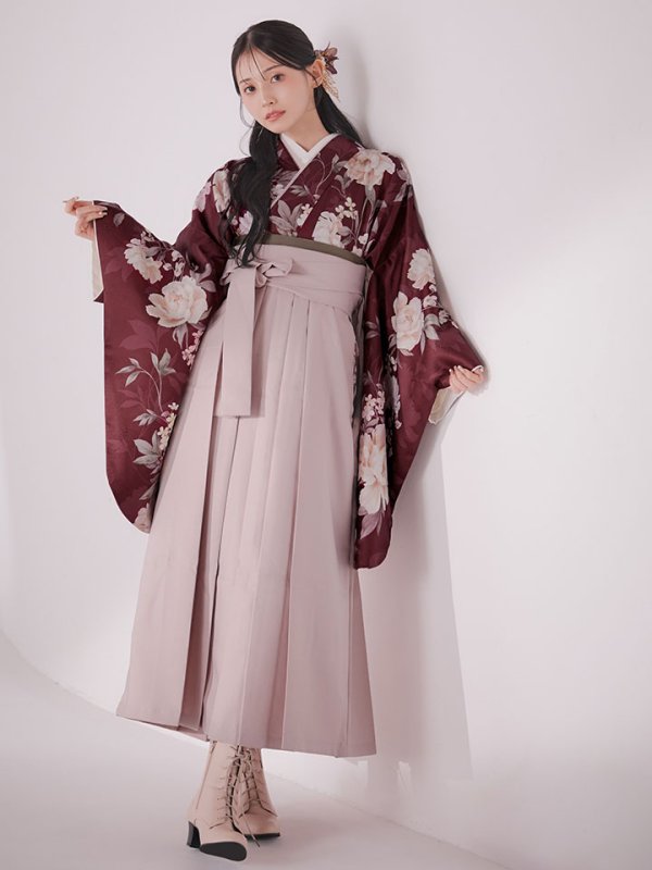 画像7: 【予約商品/1月中旬発送予定】ピンク芍薬 ワインレッド二尺袖着物【卒業袴３点セット 二尺袖着物/帯/袴】 (7)