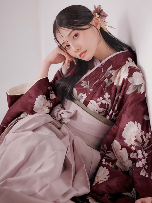 画像10: 【予約商品/1月中旬発送予定】ピンク芍薬 ワインレッド二尺袖着物【卒業袴３点セット 二尺袖着物/帯/袴】 (10)