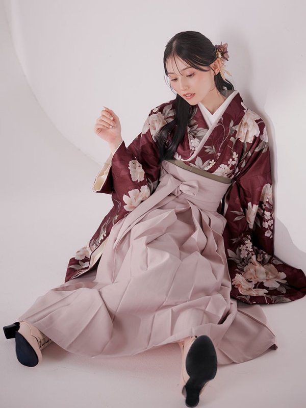 画像12: 【予約商品/1月中旬発送予定】ピンク芍薬 ワインレッド二尺袖着物【卒業袴３点セット 二尺袖着物/帯/袴】 (12)