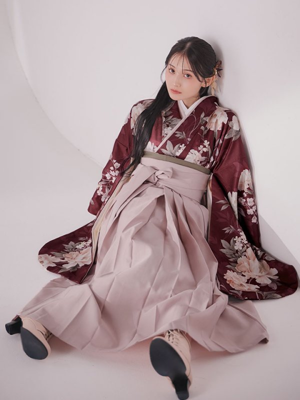画像14: 【予約商品/1月中旬発送予定】ピンク芍薬 ワインレッド二尺袖着物【卒業袴３点セット 二尺袖着物/帯/袴】 (14)