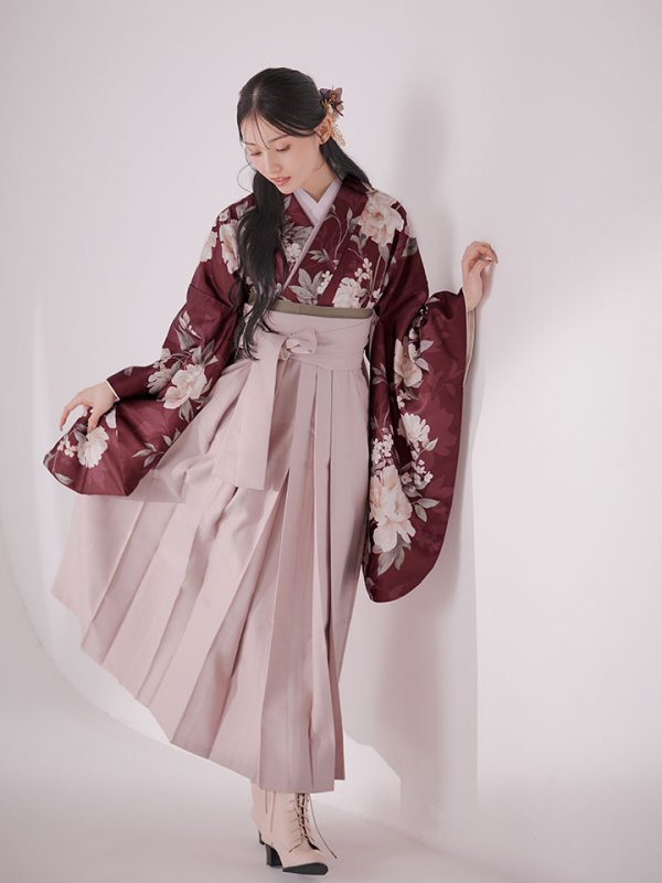 画像15: 【予約商品/1月中旬発送予定】ピンク芍薬 ワインレッド二尺袖着物【卒業袴３点セット 二尺袖着物/帯/袴】 (15)