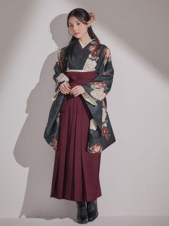 白×赤椿 ブラック二尺袖着物【卒業袴３点セット 二尺袖着物/帯/袴】