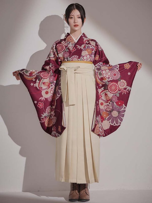 画像4: 【予約商品 / 1月中旬発送予定】菊×椿 ワインレッド二尺袖着物【卒業袴３点セット 二尺袖着物/帯/袴】 (4)