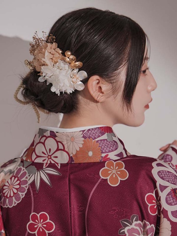 画像21: 【予約商品 / 1月中旬発送予定】菊×椿 ワインレッド二尺袖着物【卒業袴３点セット 二尺袖着物/帯/袴】 (21)