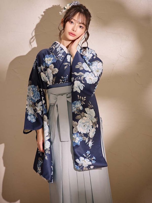 画像10: 【即日発送】青フラワーブーケ ブルー二尺袖着物【卒業袴３点セット 二尺袖着物/帯/袴】[FB01] (10)