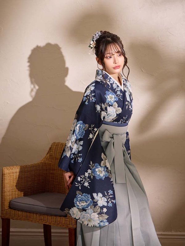 画像12: 【即日発送】青フラワーブーケ ブルー二尺袖着物【卒業袴３点セット 二尺袖着物/帯/袴】[FB01] (12)