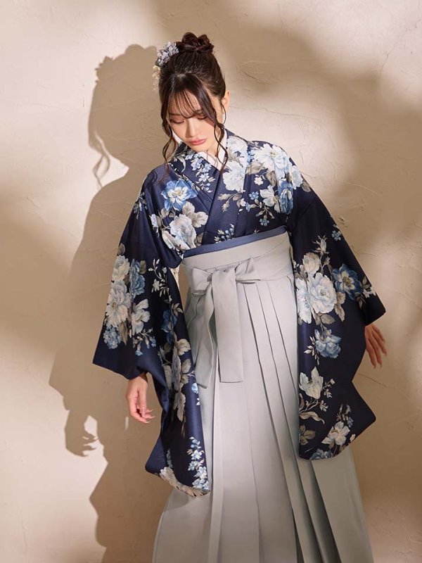 画像13: 【即日発送】青フラワーブーケ ブルー二尺袖着物【卒業袴３点セット 二尺袖着物/帯/袴】[FB01] (13)