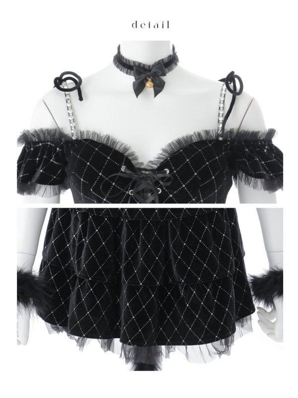 画像28: 【即日発送】【ハロウィン】キャットオフショルビジューセットアップ【コスプレ6点セット】【XS-Lサイズ/3カラー】[HC03] (28)