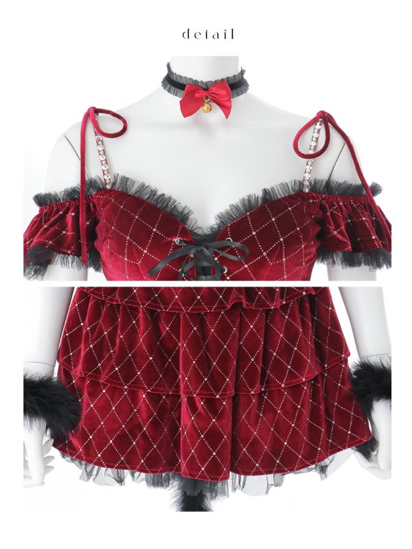 画像36: 【即日発送】【ハロウィン】キャットオフショルビジューセットアップ【コスプレ6点セット】【XS-Lサイズ/3カラー】[HC03] (36)