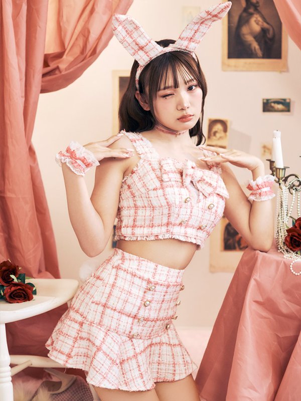 画像43: 【SALE!!】【即日発送】【ハロウィン】ツイードバニーセットアップ（パンツ&スカートタイプ）【コスプレ6点セット】 【XS-Mサイズ/2カラー】[OF04] (43)