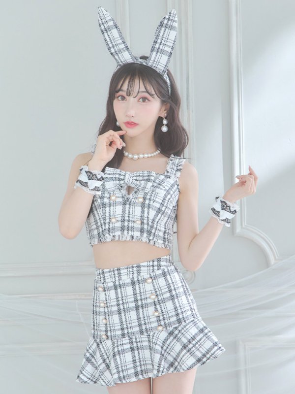 画像12: 【SALE!!】【即日発送】【ハロウィン】ツイードバニーセットアップ（パンツ&スカートタイプ）【コスプレ6点セット】 【XS-Mサイズ/2カラー】[OF04] (12)