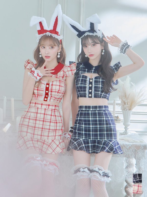 画像2: 【値下げ！】【即日発送】【ハロウィン】 チェックバニーセットアップ  【コスプレ6点セット】【XS-Lサイズ/2カラー】[OF04] (2)