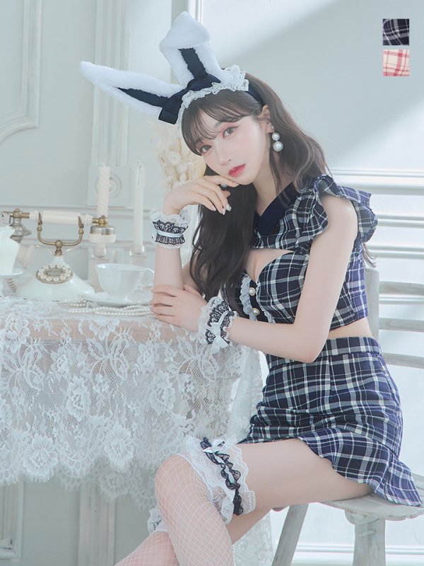 画像2: 【値下げ！】【即日発送】【ハロウィン】 チェックバニーセットアップ  【コスプレ6点セット】【XS-Lサイズ/2カラー】[OF04] (2)