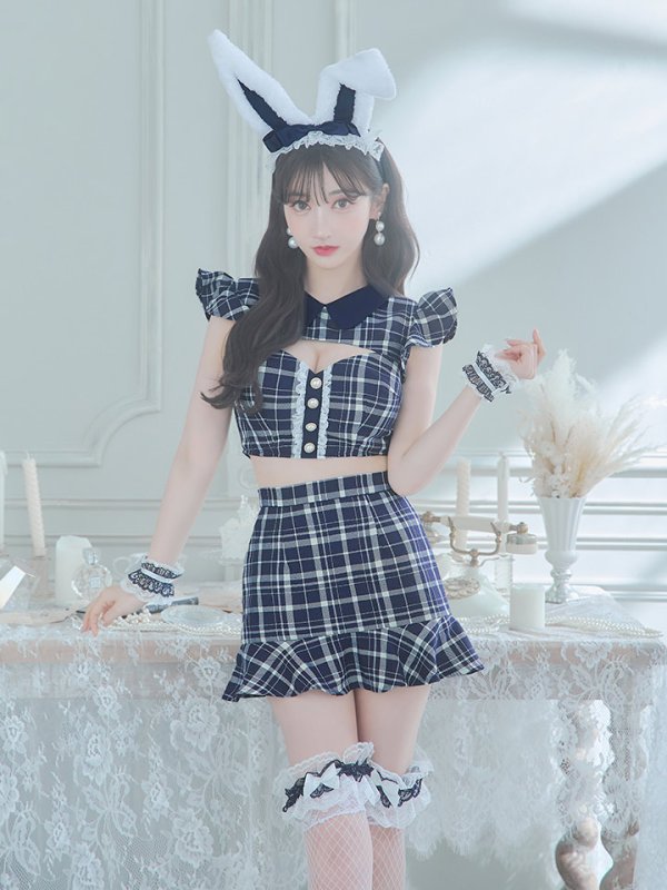 画像4: 【値下げ！】【即日発送】【ハロウィン】 チェックバニーセットアップ  【コスプレ6点セット】【XS-Lサイズ/2カラー】[OF04] (4)