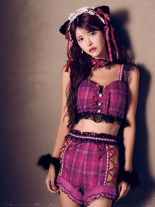 画像2: 【SALE!!】【即日発送】【ハロウィン】チェックキャットセットアップ【コスプレ6点セット】【S-Mサイズ/1カラー】[HC03] (2)