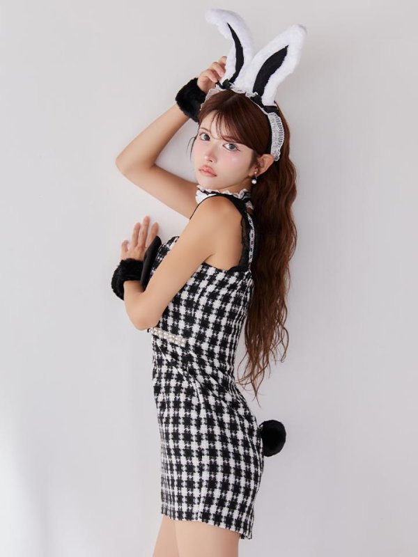 画像2: 【SALE!!】【即日発送】【ハロウィン】 ツイードバニーミニワンピ 【コスプレ5点セット】【S-Lサイズ/2カラー】[HC03] (2)