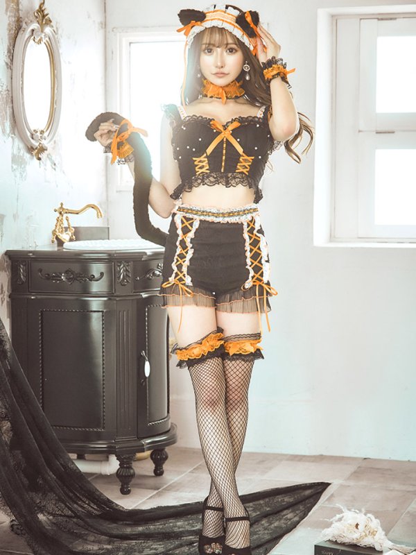 画像24: 【SALE!!】【即日発送】【ハロウィン】パールレースキャットセットアップ【コスプレ6点セット】【S-Mサイズ/2カラー】[OF01] (24)