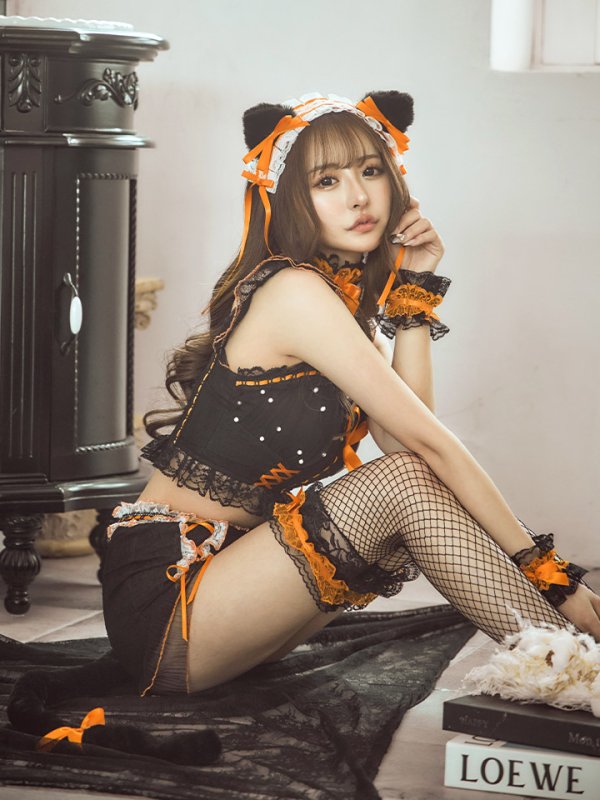 画像25: 【SALE!!】【即日発送】【ハロウィン】パールレースキャットセットアップ【コスプレ6点セット】【S-Mサイズ/2カラー】[OF01] (25)