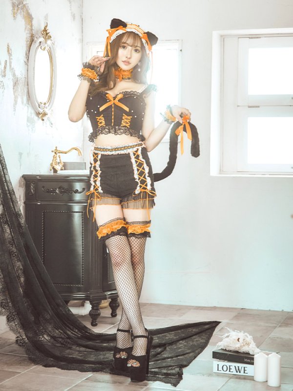 画像33: 【SALE!!】【即日発送】【ハロウィン】パールレースキャットセットアップ【コスプレ6点セット】【S-Mサイズ/2カラー】[OF01] (33)